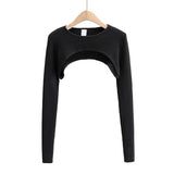 Sweet Spicy Wind Long Sleeves Super Short-Sized Hoodie Women's Spring And Autumn New Round Collar Solid Color T-Shirt Sleeves Outside The Hooded Tide