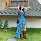 Holiday Style Retro Floral Sling Dress Women's Summer Design Irregular Dress To Collect Waist Thin A Skirt