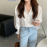 V Collar Wood Ear Soak Sleeve Shirt Female Spring And Autumn Temperament Korean Chic Top Elegant French High-End Feel Top