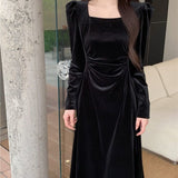 Golden Velvet Black Collar Dress Women's Autumn Long-Sleeved Dress Folded Waist Dress Retro Niche Does Not Bump