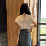 French Sweet Flying Sleeve T-Shirt Girl 2025 Summer New Back Bow Knot Chic Beautiful Little Blouse
