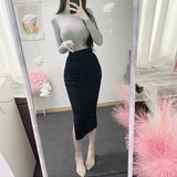 Korean Temperament Gray Folded Skirt Open Skirt In The Long Skirt Of The Long Skirt Set Thin Cover Autumn New Bag Hips