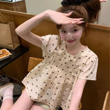 French Round-Neck Bow Bow Print Short-Sleeved Shirt Women's Clothing 2025 Summer Fold Reduction Loose Coat Bubble Sleeve