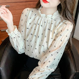 Spring And Autumn French Slimy Flowers Half High Collar Outside Wearing A Shirt Lady Shirt With Long-Sleeved Top Temperament Elegant