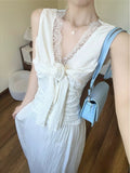 French White V-Neck Sleeveless Joint Dress Female Summer High-Grade Temperament Is Very Good Looking To The Waist Thin Thinch Waist Skirt