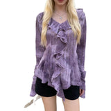 Tie Dyed Lotus Leaf Side V-Neck Long-Sleeved T-Shirt Girl Autumn Hottie Bottom Shirt Pure Desire To Put On The Top