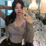 Autumn Temperament Fashion Folds Slime Body Sling T-Shirt + Korean Short Long-Sleeved Open Shirt Two Sets Of Women
