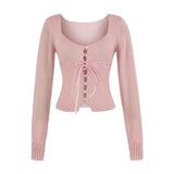 The Bow Tie U-Necked Long-Sleeved Knitted Shirt Women's Spring And Autumn Design Sense Slimming Inside The Elastic Bottom Top
