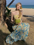 Yunnan Island Holiday Set Female Dopamine Yellow Hanging Neck Blouse High Waist Broken Flower Skirt Two Sets