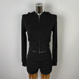 South Korea's Spring And Autumn New Pure Desire Tight Body Short Hooded Jacket Elastic Bag Hip Shorts Two Sets Of Women