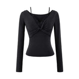 Pure Hot Girl Autumn New Fake Two Spliced T-Shirt Lace Long Sleeves Slim Thin T-Shirt Top Girl