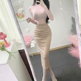 Korean Temperament Gray Folded Skirt Open Skirt In The Long Skirt Of The Long Skirt Set Thin Cover Autumn New Bag Hips