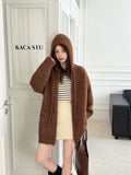 Vintage Zipper Hooded Sweater Coat Women's Autumn And Winter New Loose Lazy Slack Feeling Warm Thick Knitted Open Shirt