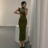 High-Necked Sleeveless Dress Comfortable Tight Skinny Temperament South Korea Big Sister Pure Want To Pack Hip Long Dress Summer Autumn Sexy