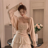 Autumn And Winter New Temperament Repair Knitted Sling Sling Vest + Korean Long Sleeve Open-Shirt Show Two Sets Of Women