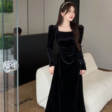 Golden Velvet Black Collar Dress Women's Autumn Long-Sleeved Dress Folded Waist Dress Retro Niche Does Not Bump