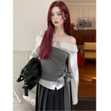 Sliced Striped Shirt A Word Shoulder Pure Desire Long-Sleeved T-Shirt Girl Autumn Strapped Hottie Repair