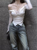 One-Word Shoulder Long-Sleeved Mesh Spliced T-Shirt For Women's Autumn And Winter Pure Sexual Butterfly Slaying Hottie Short White Top