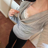 South Korea's New Spring Lace Pure Desire To Hang Neck Two Collar Blouse Temperament Thin Long Sleeve T-Shirt Girlins