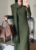 Knitted Dress Women's Autumn And Winter New Low-Circle Collar Temperament To Accept The Waist Of The Lanky Sweater Skirt + Scarf Two Sets