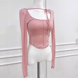 South Korea's Spring And Summer New Temperament Slim Slim Slim Hanging Neck Belt Tight Body Bra Short Long-Sleeved T-Shirt Women Ins