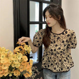 Vintage Broken Flower Tea Short-Sleeved Tops New Women 2026 Thin Behind The Doll Shirt Crumped Flower Top Woman
