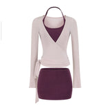 Korean Suit Strapped Knitted Cardigan T-Shirt Women Hanging Neck Hanging Slings Feel Leisure Pants Anti-Walking Half-Dress Skirt