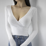 South Korea's Dongdae Gate Folded Cross Short-Sleeved Blouse Female Umbilical Pus Soft V Collar Tight-Up Chest Figure