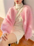 2026 Small Fragrant Wind Pearl Imitation Water Velvet Cardigan Women Autumn And Winter Short Small Soft Plush Knitted Coat