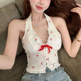 French Idyllic Cherry-Print Bow V-Neck Hanging Neck Sling Pure Sweet Hot Sexy Back Dress Woman Summer