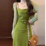 French Green Sling Dress Women's Summer 2025 New Seaside Holiday Style Temperament Wears Doamba Long Dress