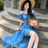 French Temperament Seaside Resort Dress Women's Summer 2025 New Blue Floral Irregular Design Long Dress