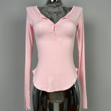 V-Neck Long Sleeve Half-Open Collar U-Shaped Hem To Close Waist Tight Thin Top Lady South Korea's New Sexy Thin Model Micro-Permeable Spring