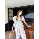 Wood Ear Loose Age-Down Doll Shirt Top Summer New Women's Han Sweet Lace With Bubble Sleeve Shirt Tide