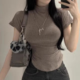 South Korea's Early Spring New High-Collar Repair Body To Show The Body Top Temperament Curved Under The Hem With Short-Sleeved T-Shirt Woman