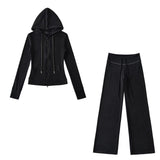 Relaxing Deheder Red Sports Set Long Sleeved Hooded Zippered Coat Lazy Loose Drawn Legs