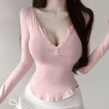 V-Neck Long Sleeve Half-Open Collar U-Shaped Hem To Close Waist Tight Thin Top Lady South Korea's New Sexy Thin Model Micro-Permeable Spring