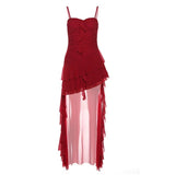 Great Northwest Tourism Xinjiang Prairie To Take Pictures And Wear Holiday Long Dresses Women's Red Tuxedo Irregular Sling Dress