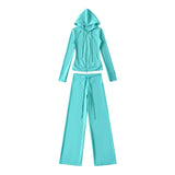 Korean Small Man Standing Thin Hooded Zipper Coat + Loose Feeling Loose Draw Rope Broad Leg Trousers Two Sets Of Women