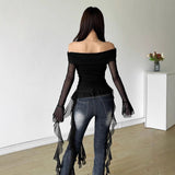 2025 Sweet Spicy Sister Wind Lotus Leaf Side Splicing A Word Shoulder Long-Sleeved T-Shirt Girl Slimmed Hottie Autumn Dress