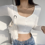Sexy Tight Slim Short-Envesting Long-Sleeved T-Shirt Girl Single-Dbutton Label-Necked V-Necked Bottom Shirt