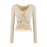 Purely Sexual Low-Breast V-Neck Holiday Two Long-Sleeved T-Shirt Women's Autumn And Winter New Tying Lace Inside The Bottom Shirt