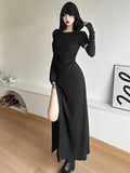 Vintage Wasteland Design Hooded Dress Tedsiness Folds Show Thin High Open Fork Babes Long Dress
