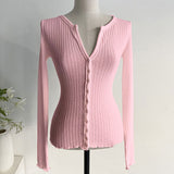 Korean V-Neck Button Knitted Cardigan Long Sleeves Pink Wood Ear Casual Temperament Coat Autumn Coat Dress Girl Body