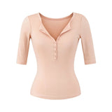Spice Girls Design V-Neck Button Middle Sleeve T-Shirt Women Summer 2025 New Pure Desire To Repair Spice Girl Blouse