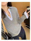 2025 Early Autumn New Korean Version Of The Fake Two-Colored Knitted Shirt Casual Temperament Commuting Long-Sleeved Sweater