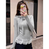 The Bow Under The Hem Lace Splicing Long-Sleeved T-Shirt Girl Spring And Autumn French Pure Lust Style To Put On The Bottom Of The Top