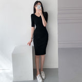 Korean Version Of Autumn Green V-Neck Thin Knitted Dress Short Sleeve Comfortable Slimming High-Waisted Hip Dress
