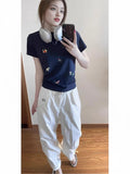 92 Cotton 8 Spandex Summer Slimming With Embroidery Short-Sleeved Girl T-Shirt Cartoon Puppy Print Design Small Blouse