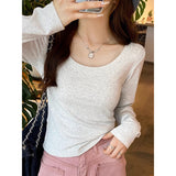 92 People Cotton 8 Spandex U Collar Shoulder Long Sleeves Plus Velvet T-Shirt Girl Body Autumn And Winter Big Neck Collar Inside The Top
